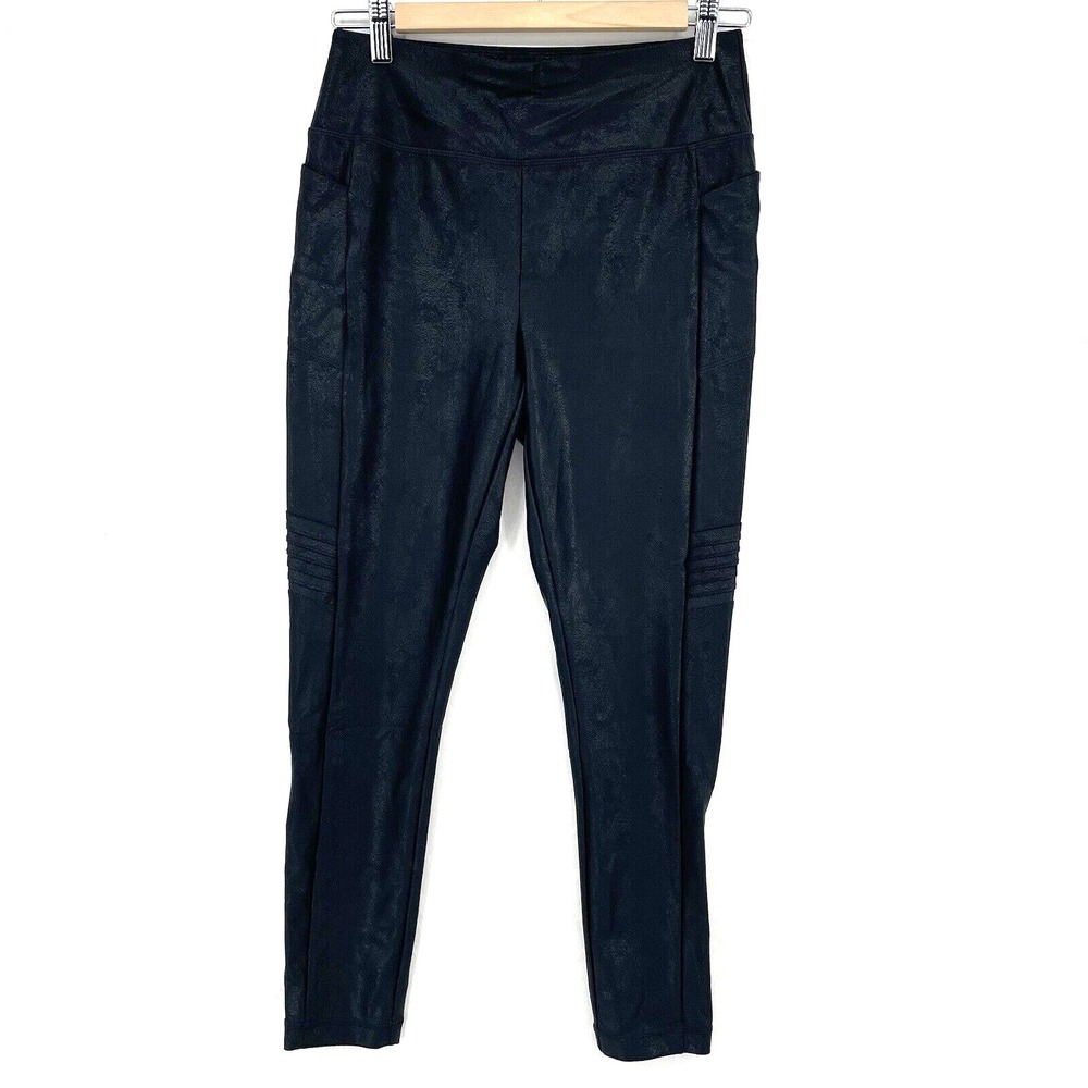 T By Talbots Leggings Size M Petite Black Crackle Embossed Moto Yoga‎ Pants